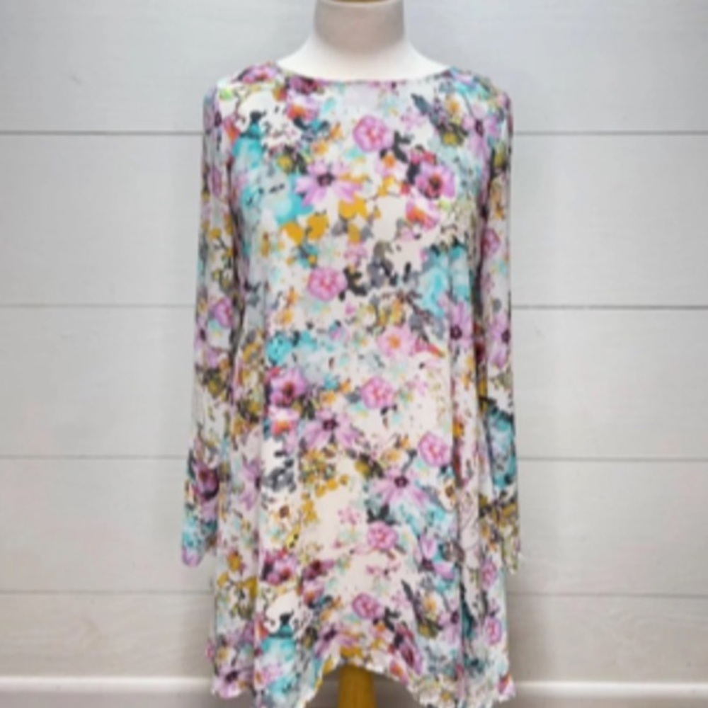 Nordstrom Tildon ivory floral shift dress bell sleeves Size L